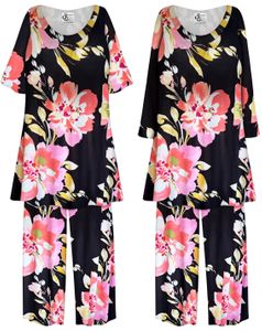 NEW! Plus Size Large Pink Flowers Rayon Jersey 2 Piece Pajama Pant Set Customizable 0x 1x 2x 3x 4x 5x 6x 7x 8x 9x