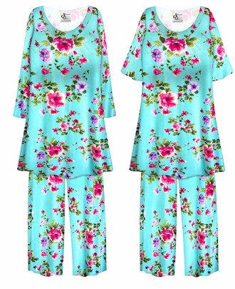 Women's Plus Size Aqua Blossom Rayon Jersey Pajama Set � Soft Floral Sleepwear with Custom Sleeve & Length Options XL-9X