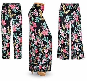 Plus Size Black Tropical Floral Brushed Pull on Wide Leg Pants (XL-9X) Customizable Cut