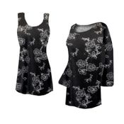 CLOSEOUT CLEARANCE! Plus Size Black w/ Silver Daisies Glitter Slinky Print Tops 3x/4x