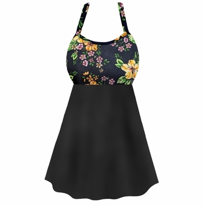 CLOSEOUT CLEARANCE! Plus Size Women's Swimsuit Black Floral Print Two-Piece Babydoll Swimdress 6x