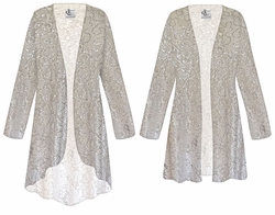 Plus Size Beige Stretch Lace Sequin Duster Cardigan for Women XL-9X | Sheer Open Front Long Sleeve Evening Jacket