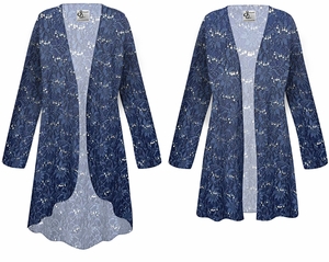 Plus Size Navy Stretch Lace Sequin Duster Cardigan for Women XL-9X | Sheer Open Front Long Sleeve Evening Jacket