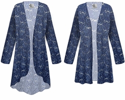 Plus Size Navy Stretch Lace Sequin Duster Cardigan for Women XL-9X | Sheer Open Front Long Sleeve Evening Jacket