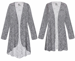 Plus Size Gray Stretch Lace Sequin Duster Cardigan for Women XL-9X | Sheer Open Front Long Sleeve Evening Jacket
