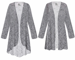 Plus Size Gray Stretch Lace Sequin Duster Cardigan for Women XL-9X | Sheer Open Front Long Sleeve Evening Jacket