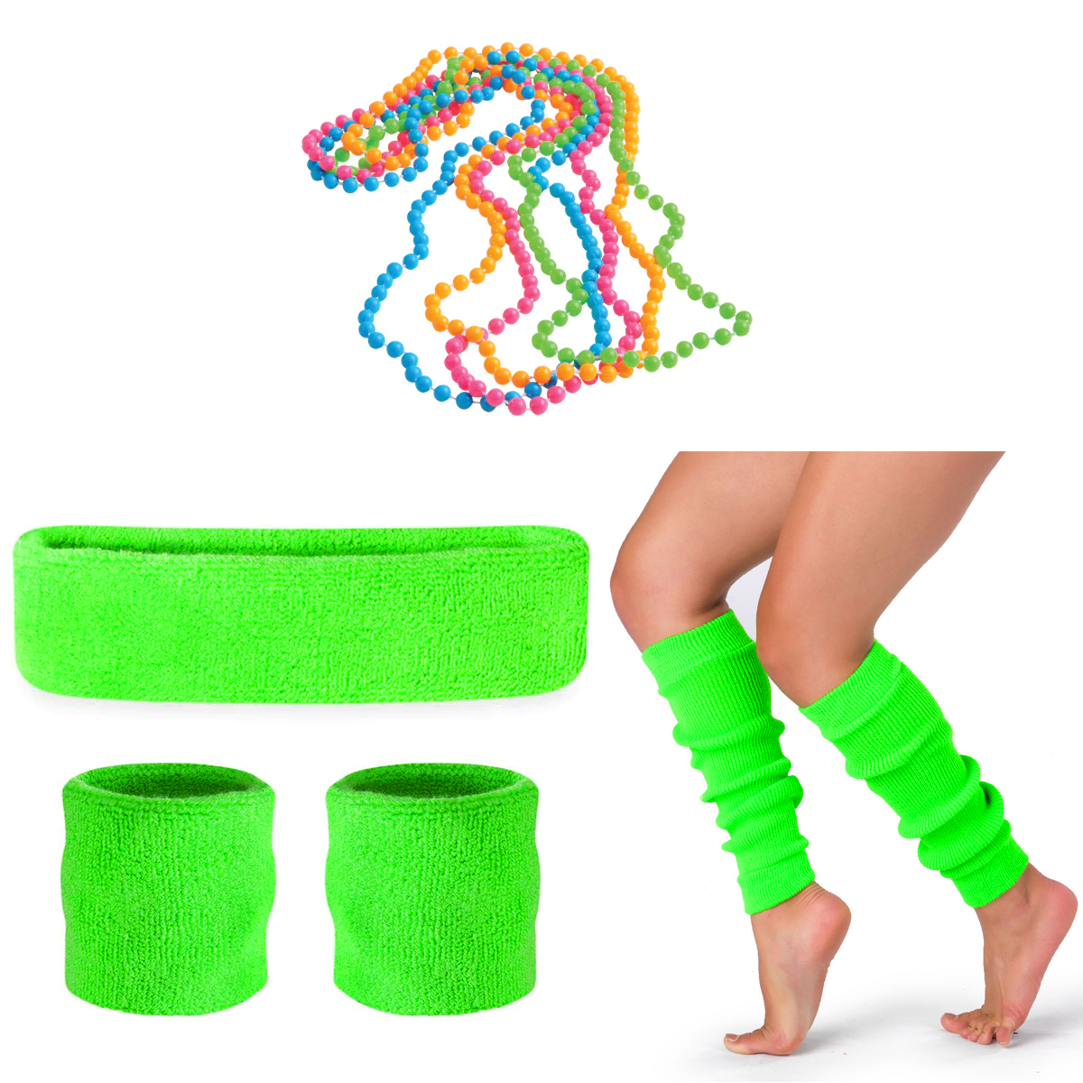 CLOSEOUT CLEARANCE! Neon Green Leg Warmers, Sweatbands and Necklace