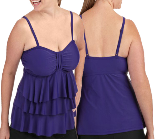SOLD OUT! SALE! Black or Purple Plus-Size Tiered Ruffle Bandeau Tankini Top  Swimsuit With Sewn-in Bra Cups 3x