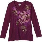 CLOSEOUT CLEARANCE! Burgundy Roses With Gold Glittery Plus Size Long Sleeve T-Shirt 1x