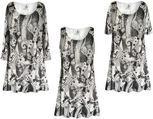 NEW! Customizable Plus Size & Supersize Shimmery Black and White Paisley Mosaic Slinky Tops Tunics Tanks Blouses 1x - 9x