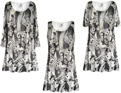 NEW! Customizable Plus Size & Supersize Shimmery Black and White Paisley Mosaic Slinky Tops Tunics Tanks Blouses 1x - 9x