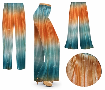 NEW! Plus Size & Supersize Customizable Copper & Teal Crinkle Glitter Semi-Sheer Print Slinky Women's Palazzo Pants & Tapered Pants 1x 2x 3x 4x 5x 6x 7x 8x 9x