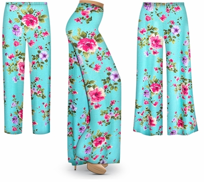 Plus Size Aqua Blossom Floral Rayon Jersey Palazzo Pants | Custom Length & Style Options | Soft Stretch Lounge Pants for Women