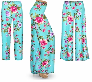 Plus Size Aqua Blossom Floral Rayon Jersey Palazzo Pants | Custom Length & Style Options | Soft Stretch Lounge Pants for Women
