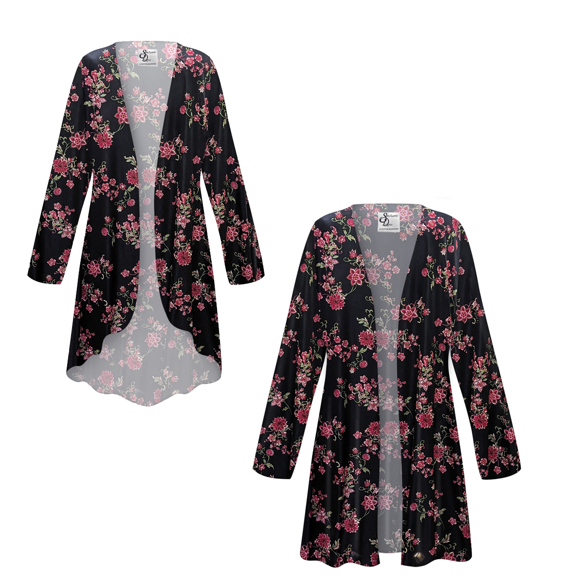 Plus Size Black Night Bloom Sheer Satin Women's Jackets & Dusters