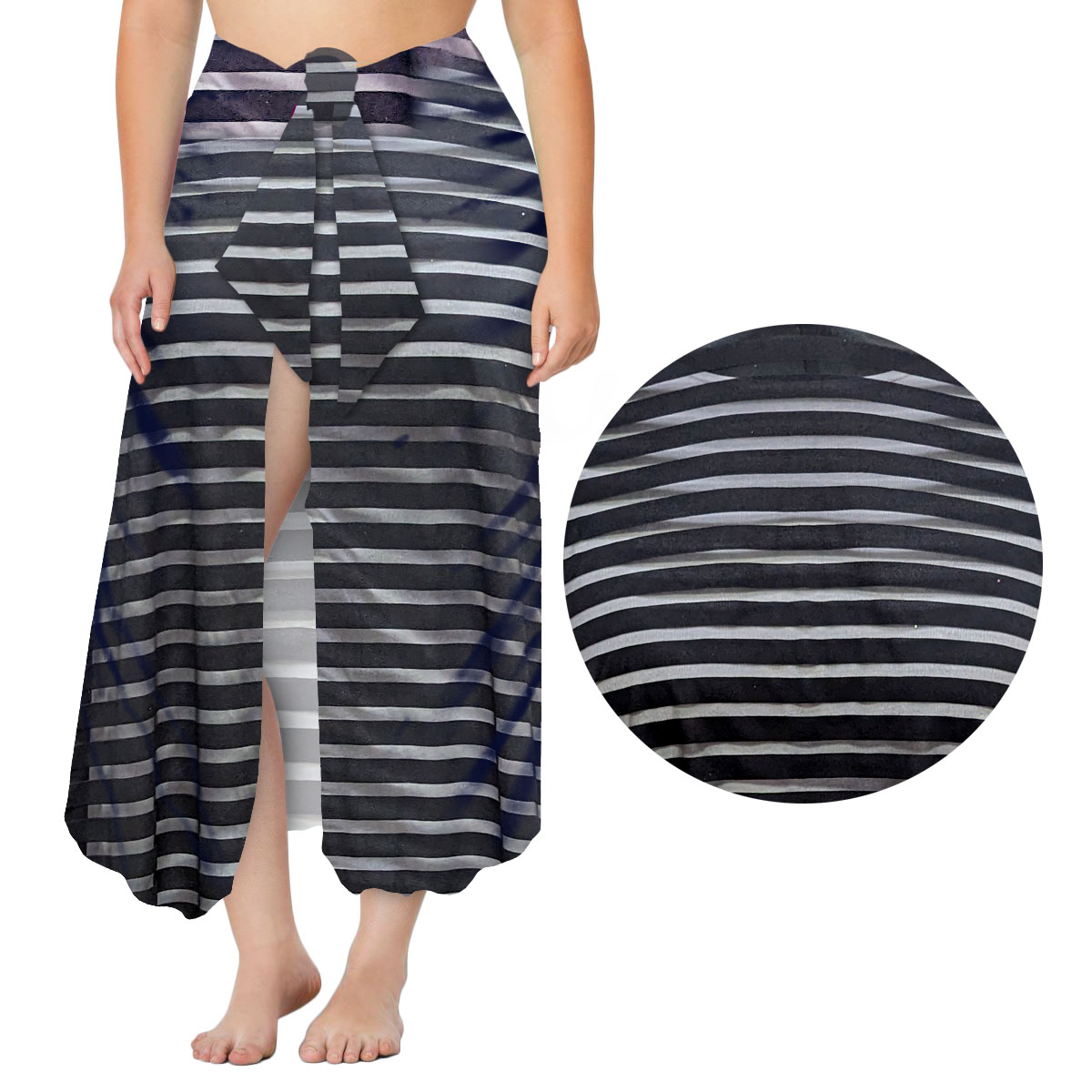 Plus Size Black Stripes Sheer Swimsuit Summer Cover Up Sarong 1x to 9x