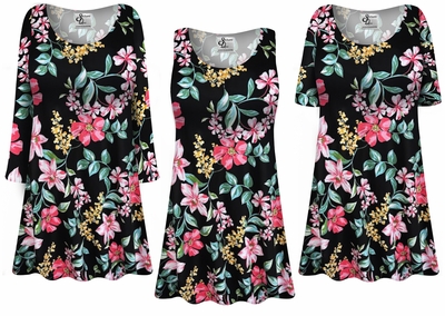 Plus Size Black Tropical Floral Custom Top - Adjustable Sleeve, Neckline & Length Options | A-Line Tunic (XL-9X)