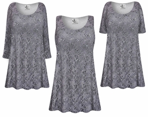 Plus Size Silver Sequin Lace Floral Tunic Top with Silver Sequins - Stretch A -Line or Princess Cut Blouse XL-9X 