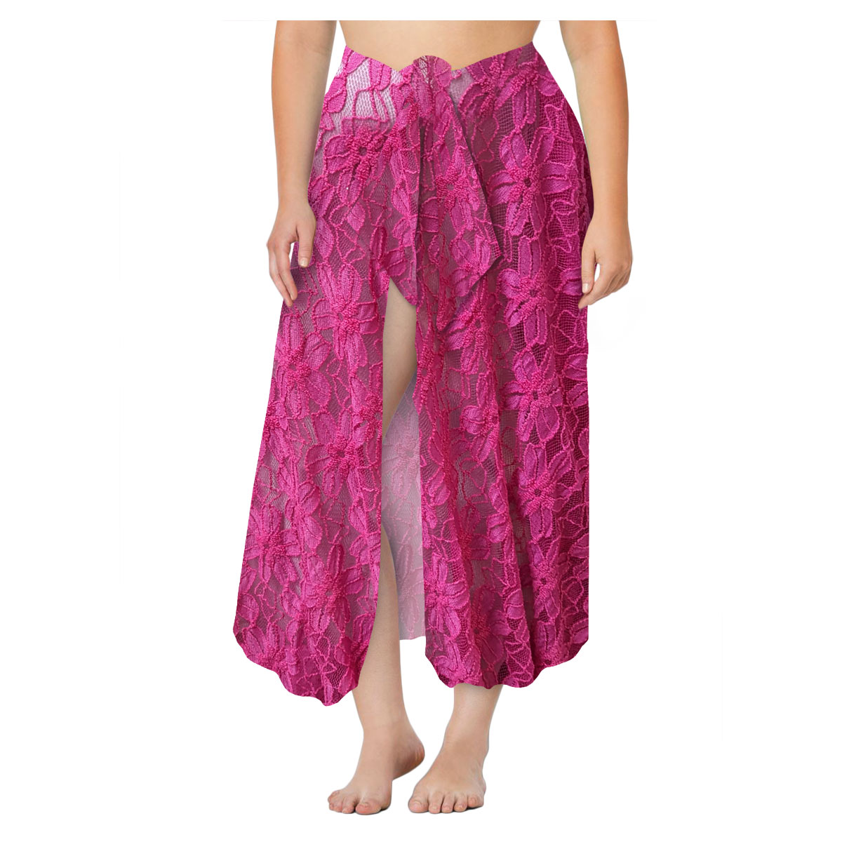 Plus Size Hot Pink Sheer Lace Swimsuit Summer Cover Up Sarong