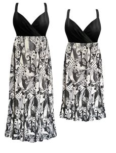 Plus Size Shimmery Black and White Paisley Mosaic Slinky Empire Waist Women's Dress Customizable