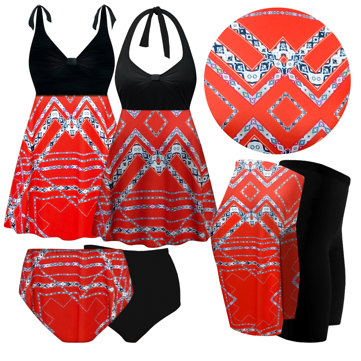 Plus Size Women's Swimwear Orange Fractal TwoPiece Black Halter or