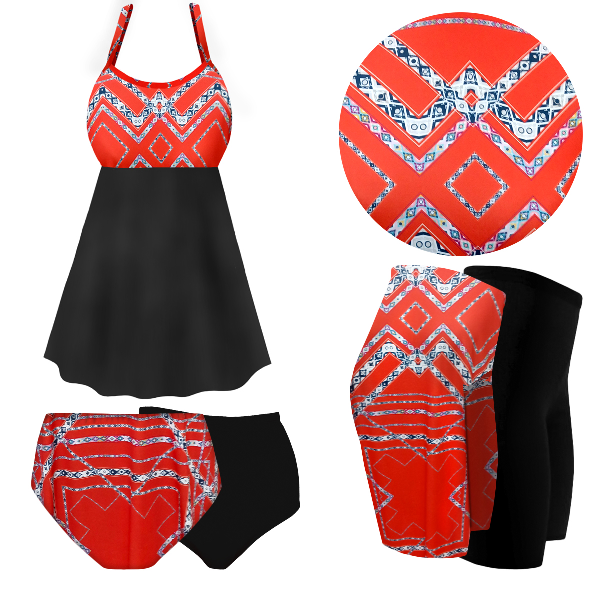 Plus Size Women's Swimsuit Orange Fractal Two-Piece Babydoll Swimdress ...