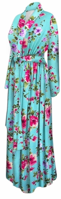 Plus Size Aqua Blossom Floral Rayon Jersey Robe | Soft Stretch Long Women's Robe | Handmade Floral Lounge Robe