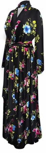 Plus Size Black Floral Robe for Women � Soft Rayon Jersey Long Lounge Robe with Tie Belt | Full Length Sleepwear XL-9X