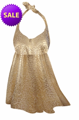 CLOSEOUT CLEARANCE! 2-Piece Gold Leopard Metallic Print Plus Size Halter SwimDress 2pc Swimsuit 0x/1x