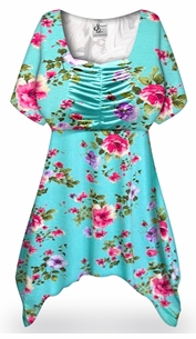 Plus Size Aqua Blossom Floral Rayon Jersey Tunic Top | Soft Stretch Handkerchief Hem Top | Women's Floral Blouse