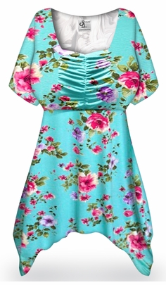 Plus Size Aqua Blossom Floral Rayon Jersey Tunic Top | Soft Stretch Handkerchief Hem Top | Women's Floral Blouse
