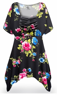 Plus Size Black Floral Ruched Babydoll Top for Women � Soft Rayon Jersey Tunic with Handkerchief Hem XL-9X
