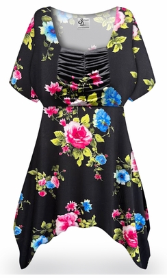 Plus Size Black Floral Ruched Babydoll Top for Women – Soft Rayon Jersey Tunic with Handkerchief Hem XL-9X
