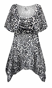 Plus Size Leopard Print Handkerchief Hem Top | Slinky Poly-Spandex Short Sleeve Blouse | XL-9X