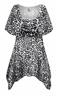 Plus Size Leopard Print Handkerchief Hem Top | Slinky Poly-Spandex Short Sleeve Blouse | XL-9X