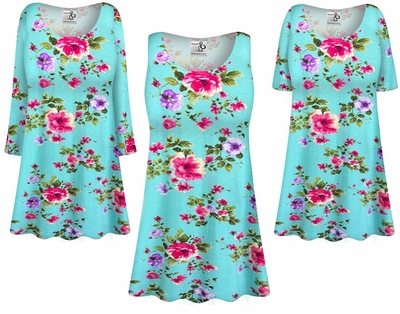 Women's Plus Size Aqua Blossom Rayon Jersey Tunic Top – Soft Floral A-Line Top with Custom Sleeve, Length & Neckline Options