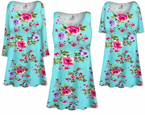 Women's Plus Size Aqua Blossom Rayon Jersey Tunic Top � Soft Floral A-Line Top with Custom Sleeve, Length & Neckline Options
