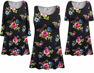 Plus Size Black Floral Rayon Jersey Tunic Top for Women – Custom Length & Sleeve Options | Soft A-Line Lounge Top XL-9X