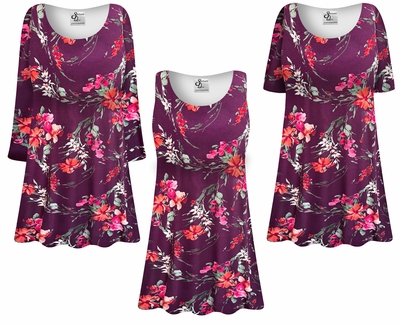 Plus Size Burgundy Floral Tunic Top � Customizable A-Line Jersey Top XL-9X