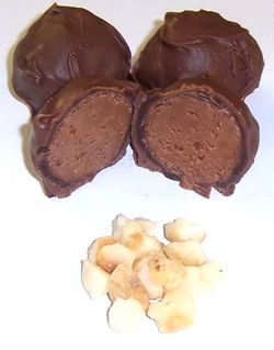 Chocolate Macadamia Nut Fudge Truffles covered in Milk Chocolate in a 1 Pound Decorative Box