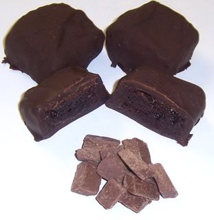 Dark Chocolate Covered Browine Bites with Milk Chocolate Chunks in a Large Tin