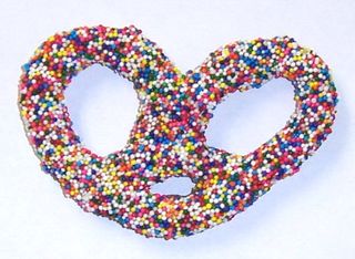 Milk Chocolate Covered Pretzels with Rainbow Non-Pareils in a 1/2 Pound Standing Box