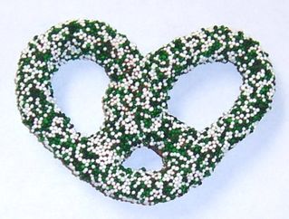 Milk Chocolate Covered Pretzels with St. Patrick's Day Non-Pareils in a Small Tin