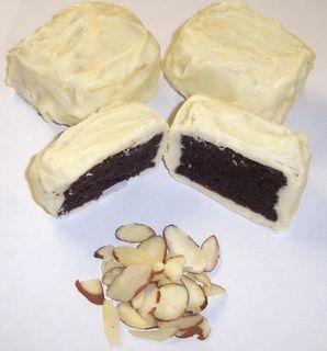 White Chocolate Covered Browine Bites with Almonds in a 1 Pound Square Box