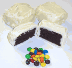 White Chocolate Covered Browine Bites with M&M's in a 1 Pound Decorative Tray with Krinkle