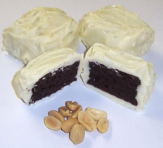 White Chocolate Covered Browine Bites with Peanuts in a 1 Pound Square Box