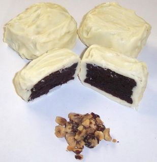 White Chocolate Covered Brownie Bites with Hazelnuts in a 8 oz. Standing Box