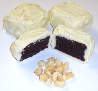 White Chocolate Covered Brownie Bites with Macadamia Nuts in a 1 Pound Decorative Box 