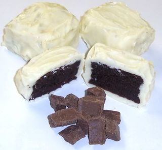 White Chocolate Covered Brownie Bites with Milk Chocolate Chunks in a 1/2 Pound Decorative Box 