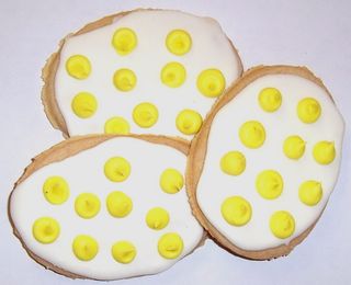 White Iced Egg Shaped Sugar Cookies with Yellow Polka-Dots in a 3 Pound White Box